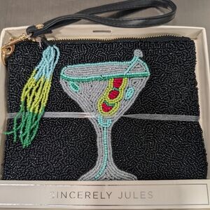 Sincerely Jules Black Beaded Clutch with Cocktail Design